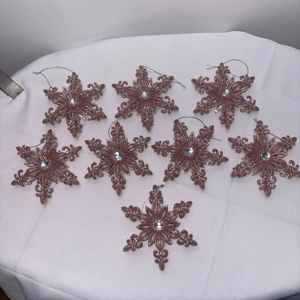 Glittery Pink Snowflake Ornaments Lot of 8